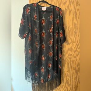 Black Kimono / Shrug with Red Pattern and Fringe Size Large
